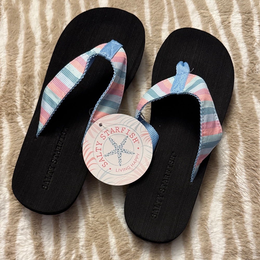 Salty Starfish Black Flip Flops with Striped Straps